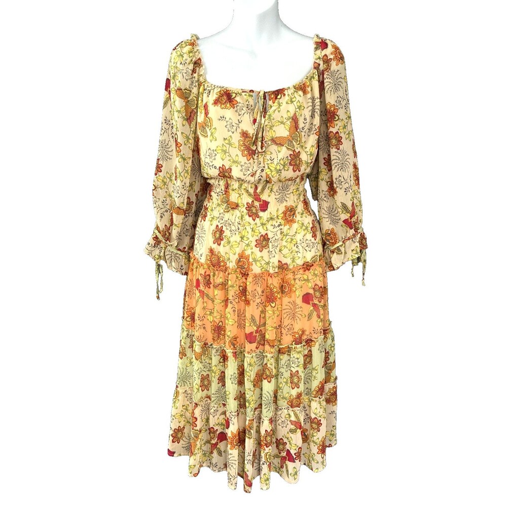 Figueroa & Flower Tiered Dress Large Orange Floral Boho Cottage Romance Milkmaid